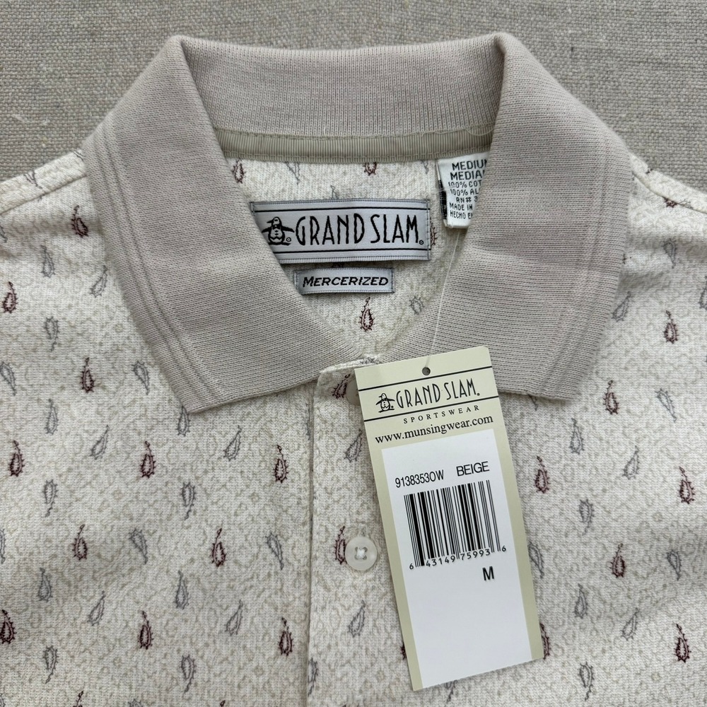 NWT Grand Slam Sportswear Mens Beige Paisley Mercerized Cotton Polo Shirt Size M